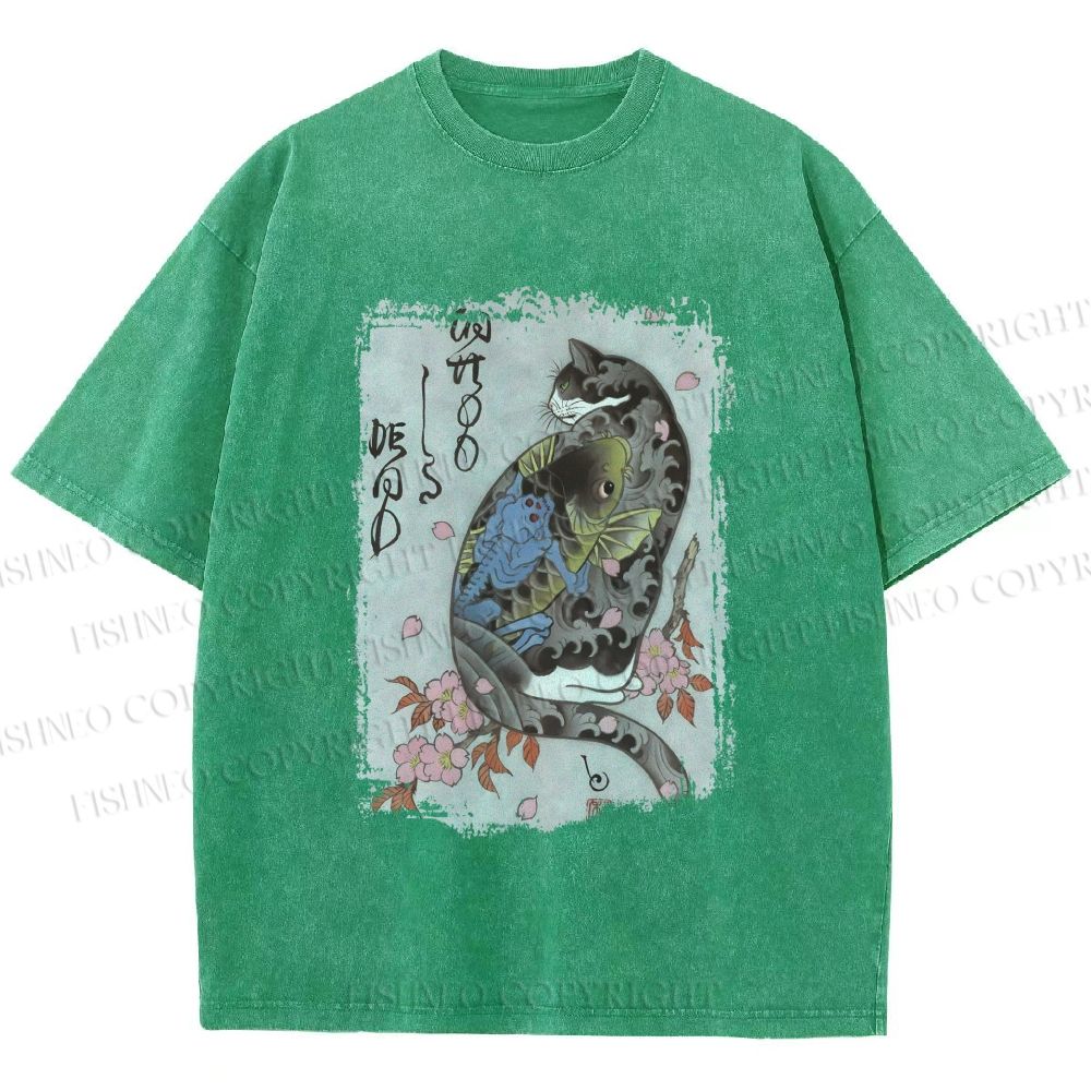 Unisex Vintage Japanese Cat Sakura Printed Washed Tee