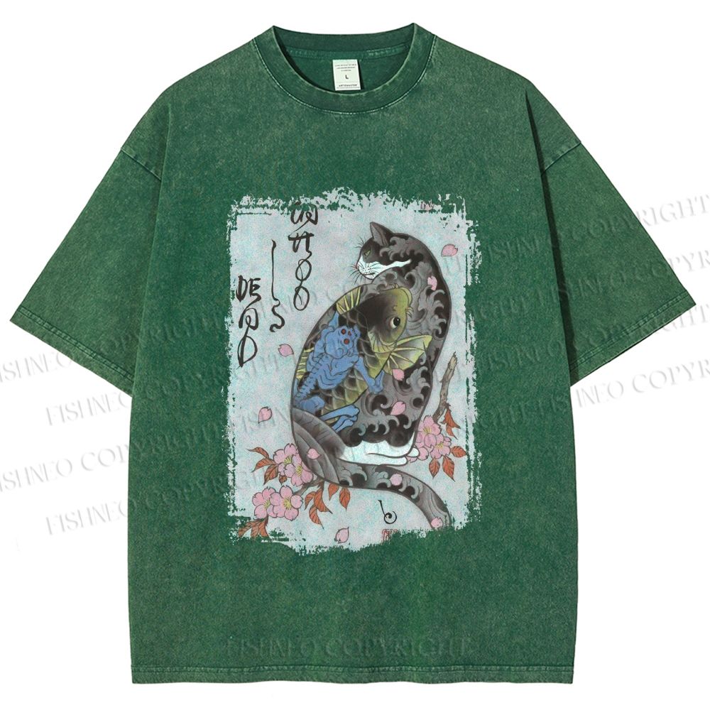 Unisex Vintage Japanese Cat Sakura Printed Washed Tee