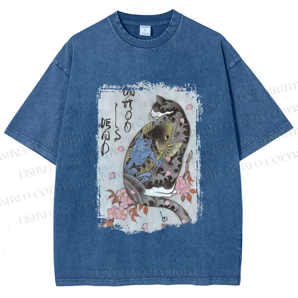 Unisex Vintage Japanese Cat Sakura Printed Washed Tee