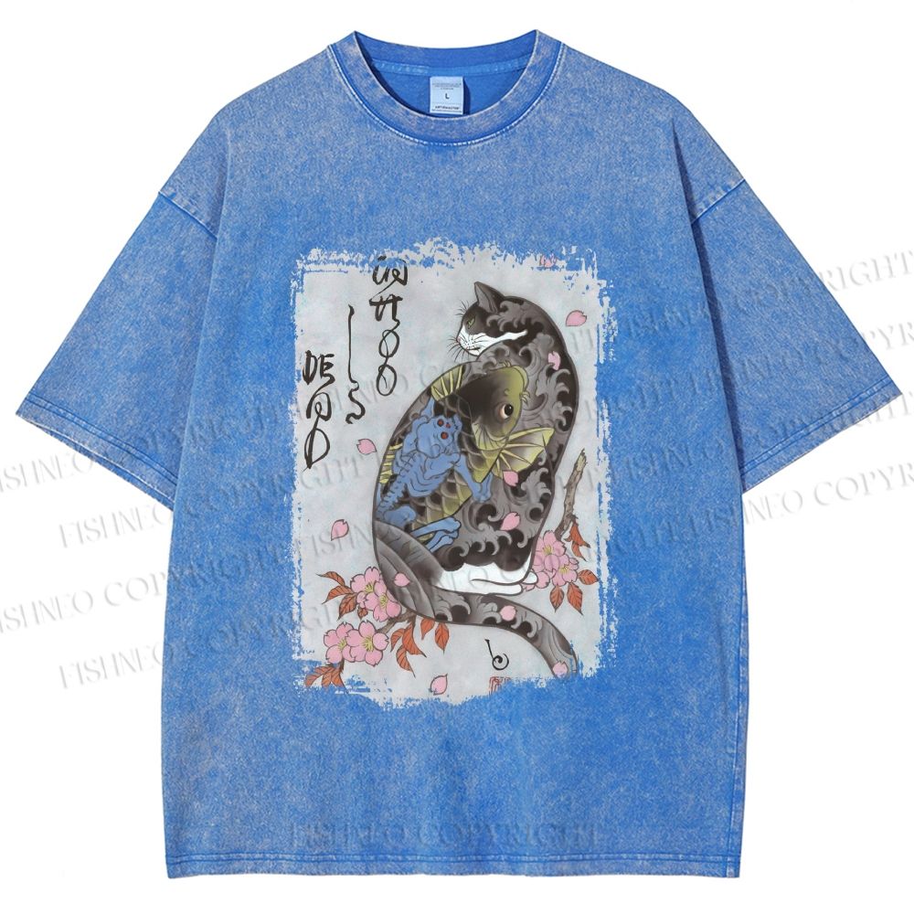 Unisex Vintage Japanese Cat Sakura Printed Washed Tee