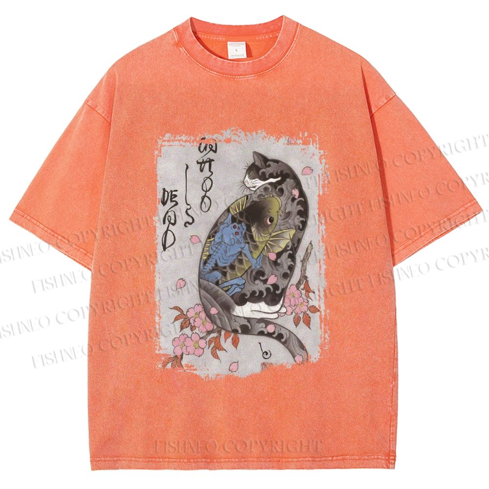 Unisex Vintage Japanese Cat Sakura Printed Washed Tee