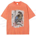 Unisex Vintage Japanese Cat Sakura Printed Washed Tee
