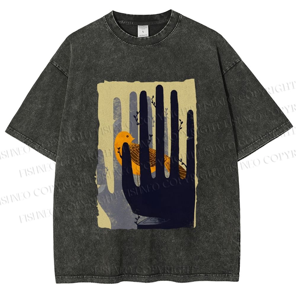 Unisex Bird in Hands Printed Washed Tee