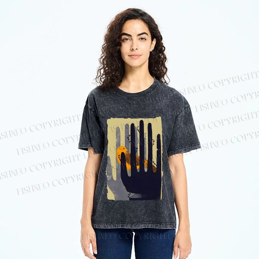 Unisex Bird in Hands Printed Washed Tee