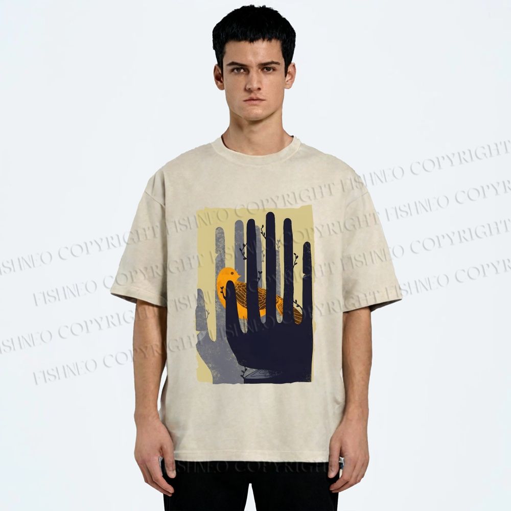 Unisex Bird in Hands Printed Washed Tee