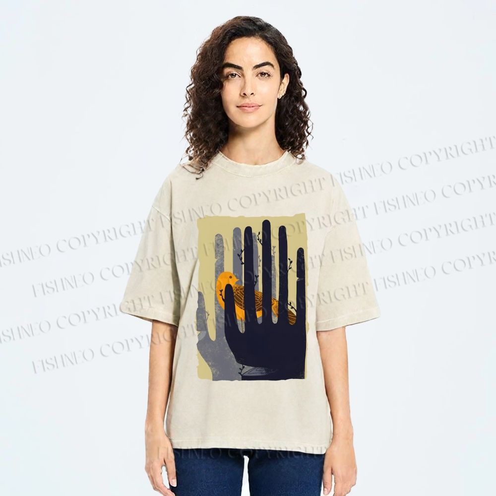 Unisex Bird in Hands Printed Washed Tee