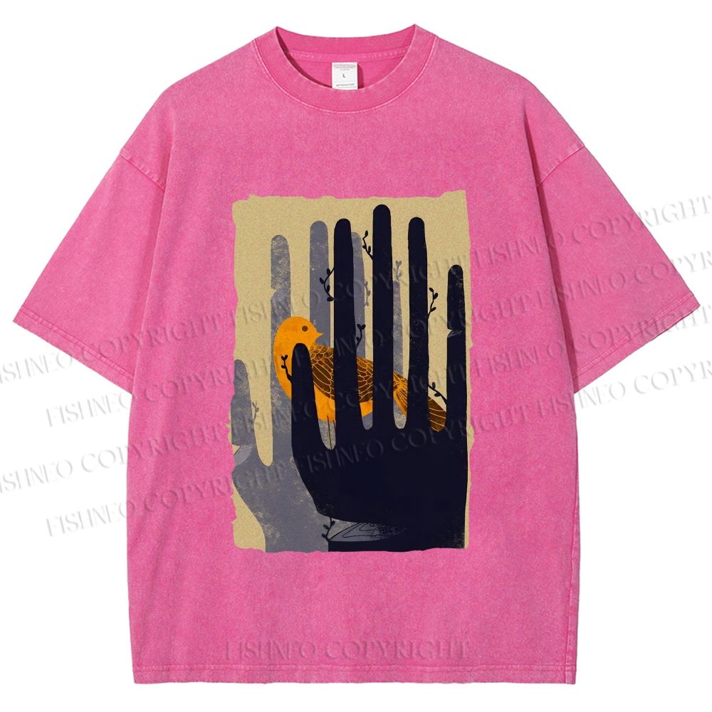 Unisex Bird in Hands Printed Washed Tee