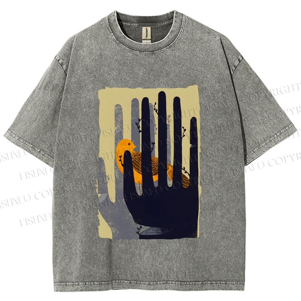 Unisex Bird in Hands Printed Washed Tee