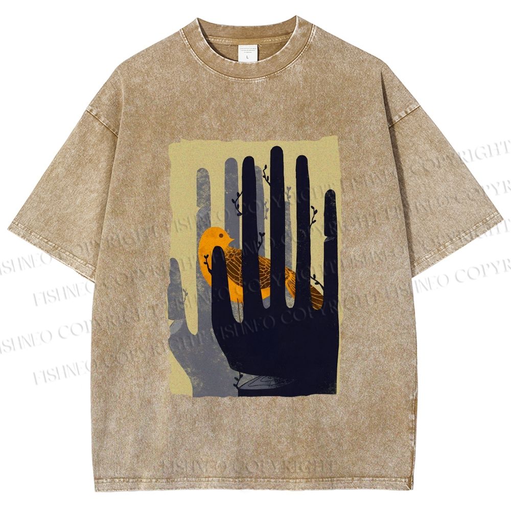 Unisex Bird in Hands Printed Washed Tee