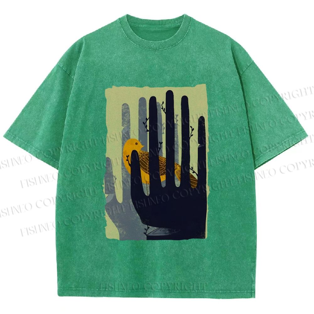 Unisex Bird in Hands Printed Washed Tee