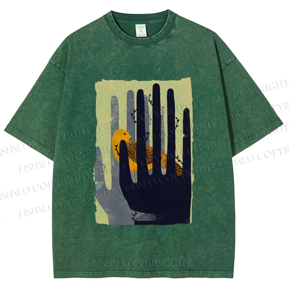 Unisex Bird in Hands Printed Washed Tee