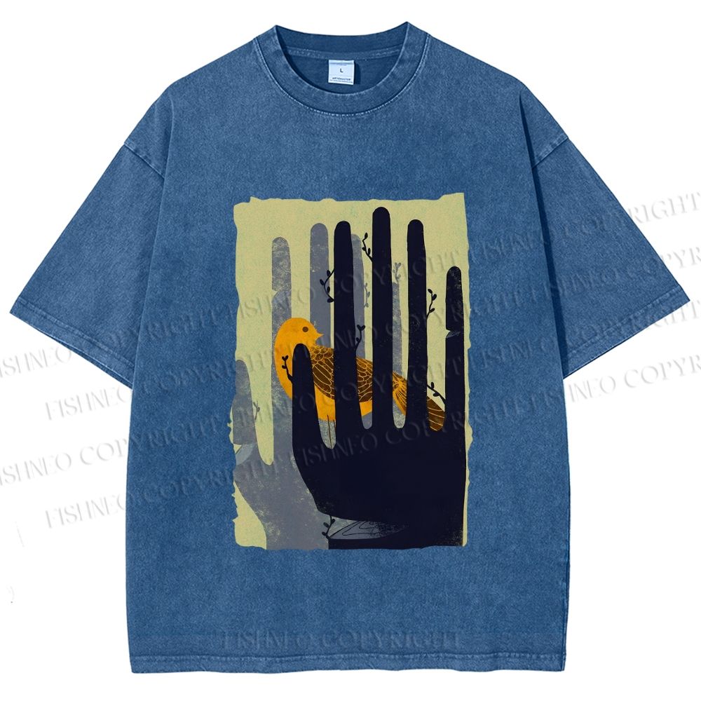 Unisex Bird in Hands Printed Washed Tee