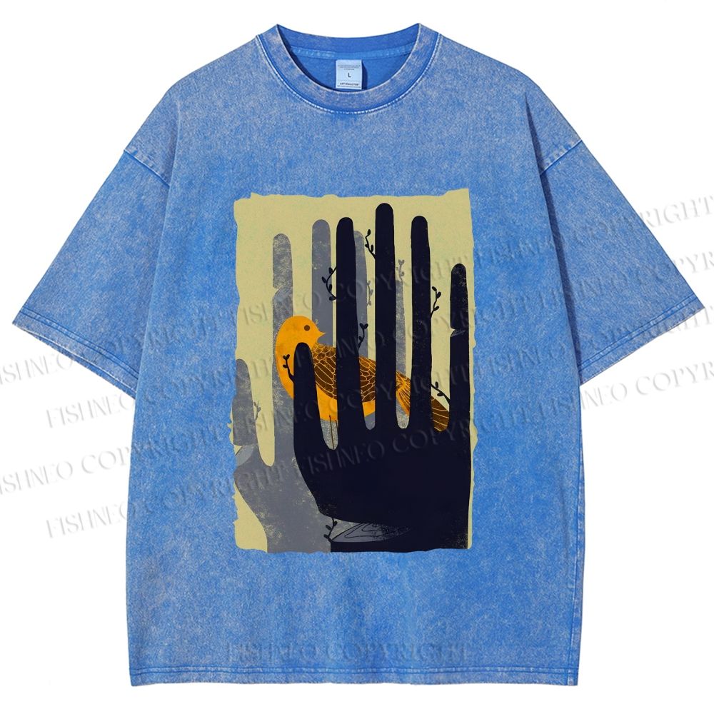Unisex Bird in Hands Printed Washed Tee
