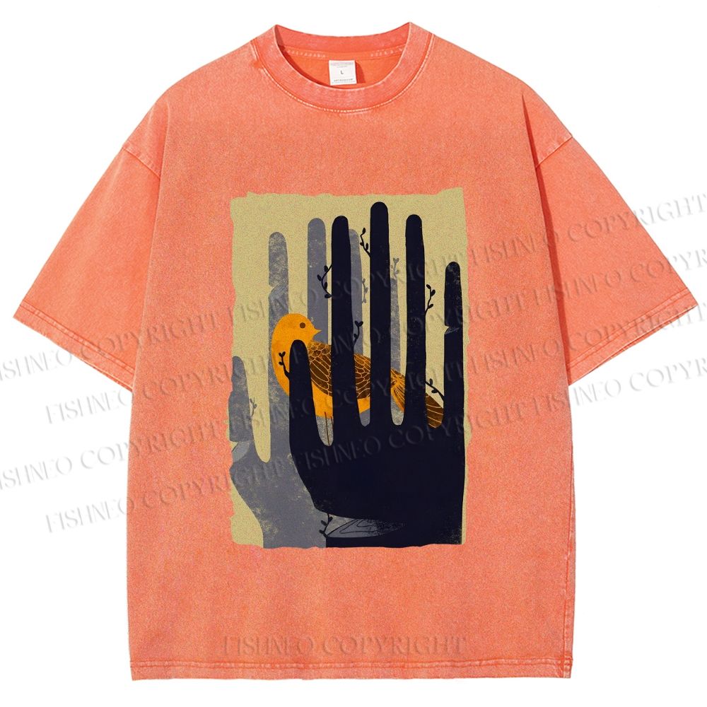 Unisex Bird in Hands Printed Washed Tee