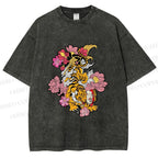 Unisex Vintage Ukiyo-e Tiger in Flowers Printed Washed Tee
