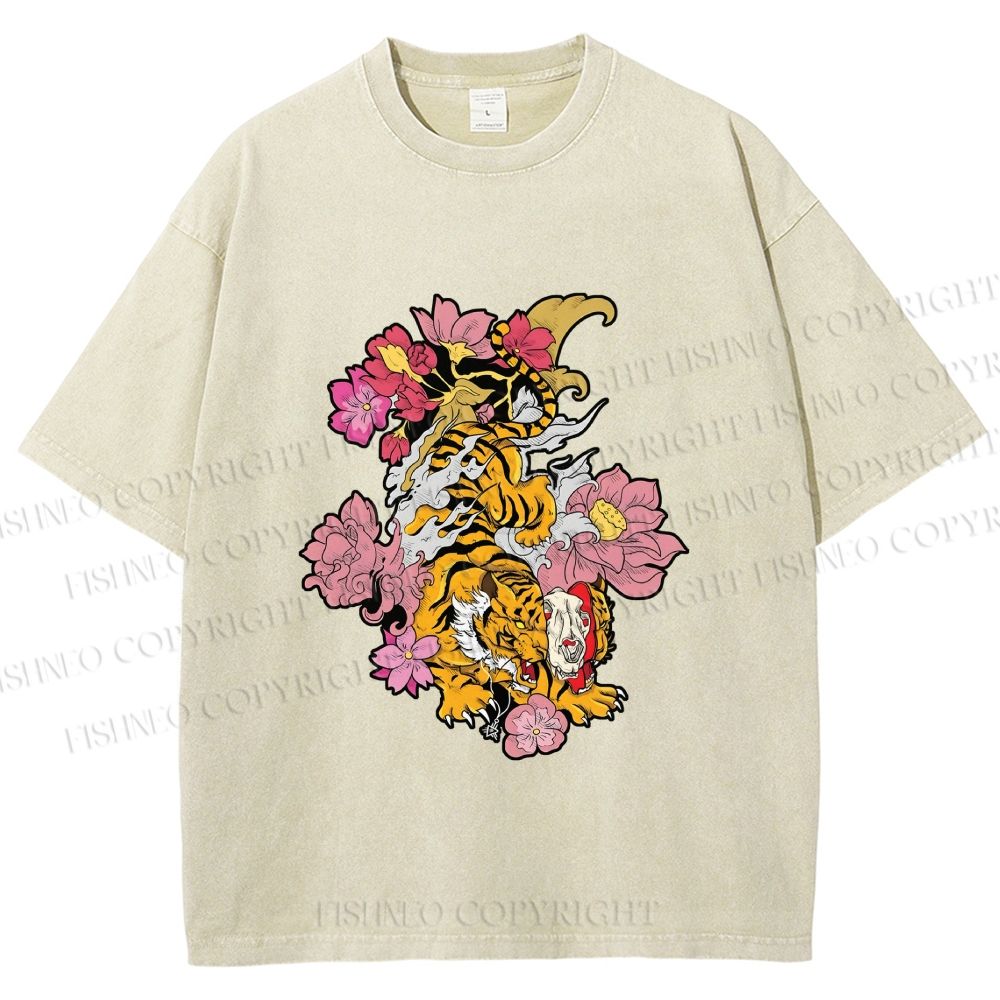Unisex Vintage Ukiyo-e Tiger in Flowers Printed Washed Tee