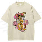 Unisex Vintage Ukiyo-e Tiger in Flowers Printed Washed Tee