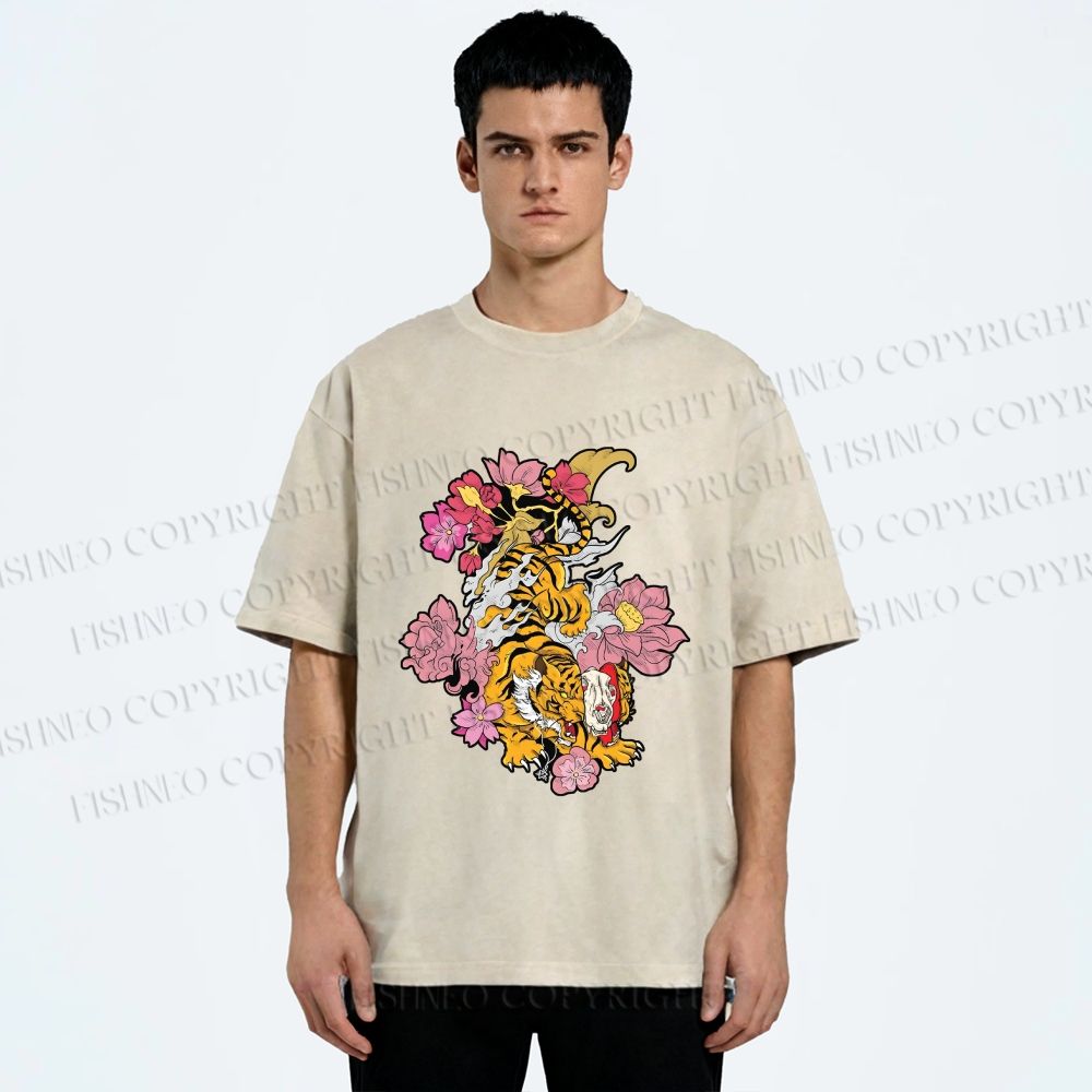 Unisex Vintage Ukiyo-e Tiger in Flowers Printed Washed Tee
