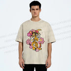 Unisex Vintage Ukiyo-e Tiger in Flowers Printed Washed Tee