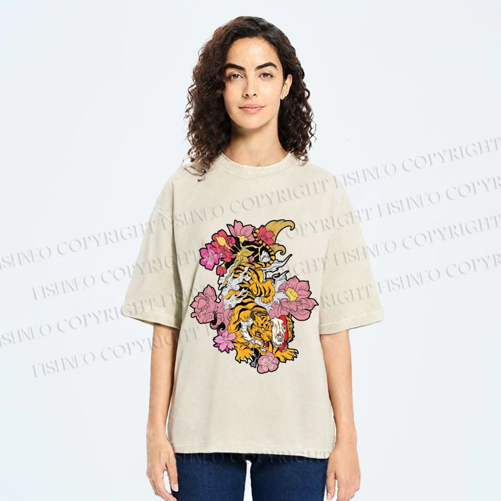 Unisex Vintage Ukiyo-e Tiger in Flowers Printed Washed Tee