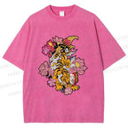 Unisex Vintage Ukiyo-e Tiger in Flowers Printed Washed Tee