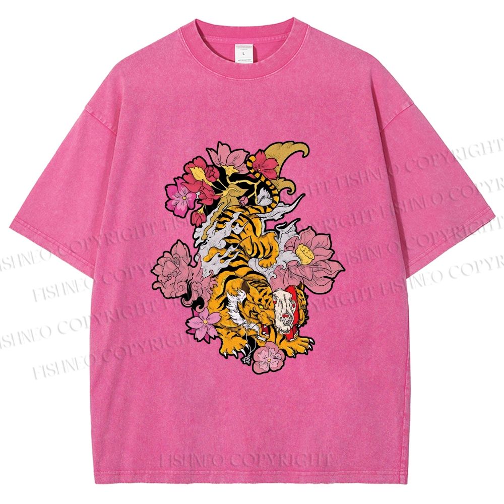 Unisex Vintage Ukiyo-e Tiger in Flowers Printed Washed Tee