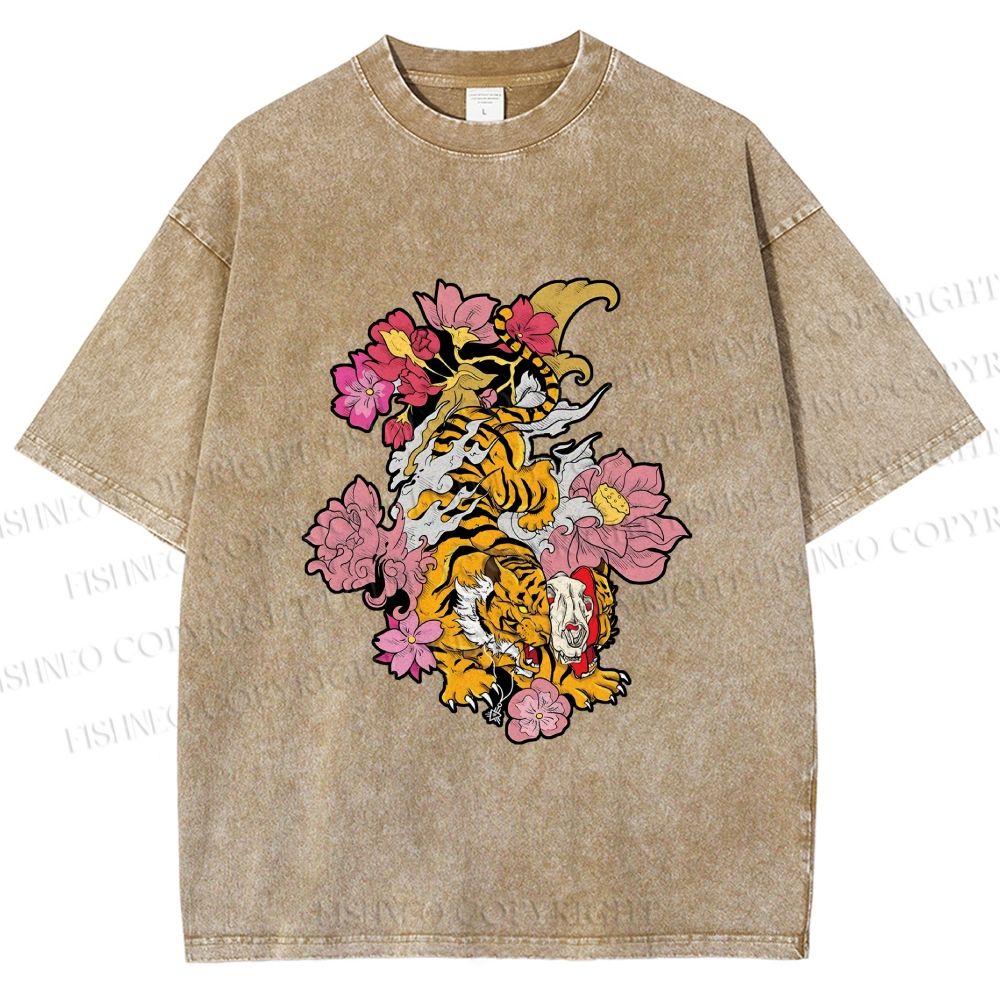 Unisex Vintage Ukiyo-e Tiger in Flowers Printed Washed Tee