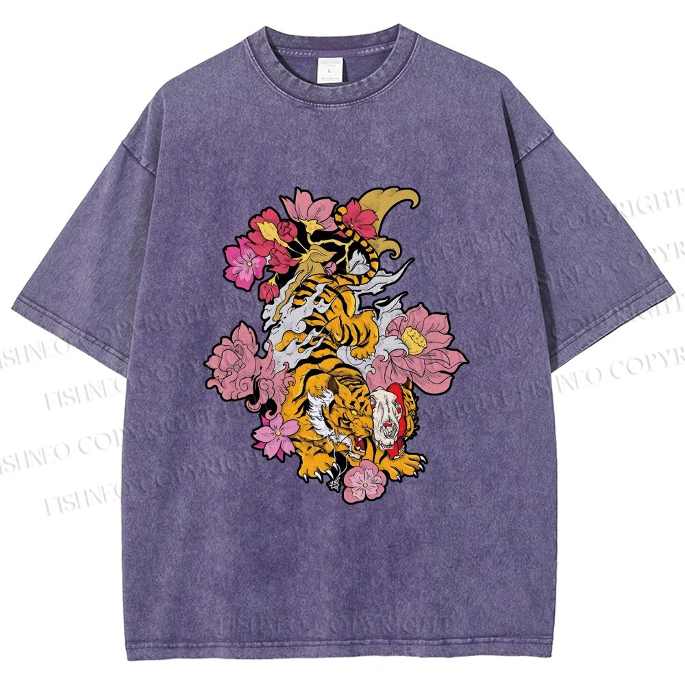 Unisex Vintage Ukiyo-e Tiger in Flowers Printed Washed Tee