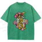 Unisex Vintage Ukiyo-e Tiger in Flowers Printed Washed Tee
