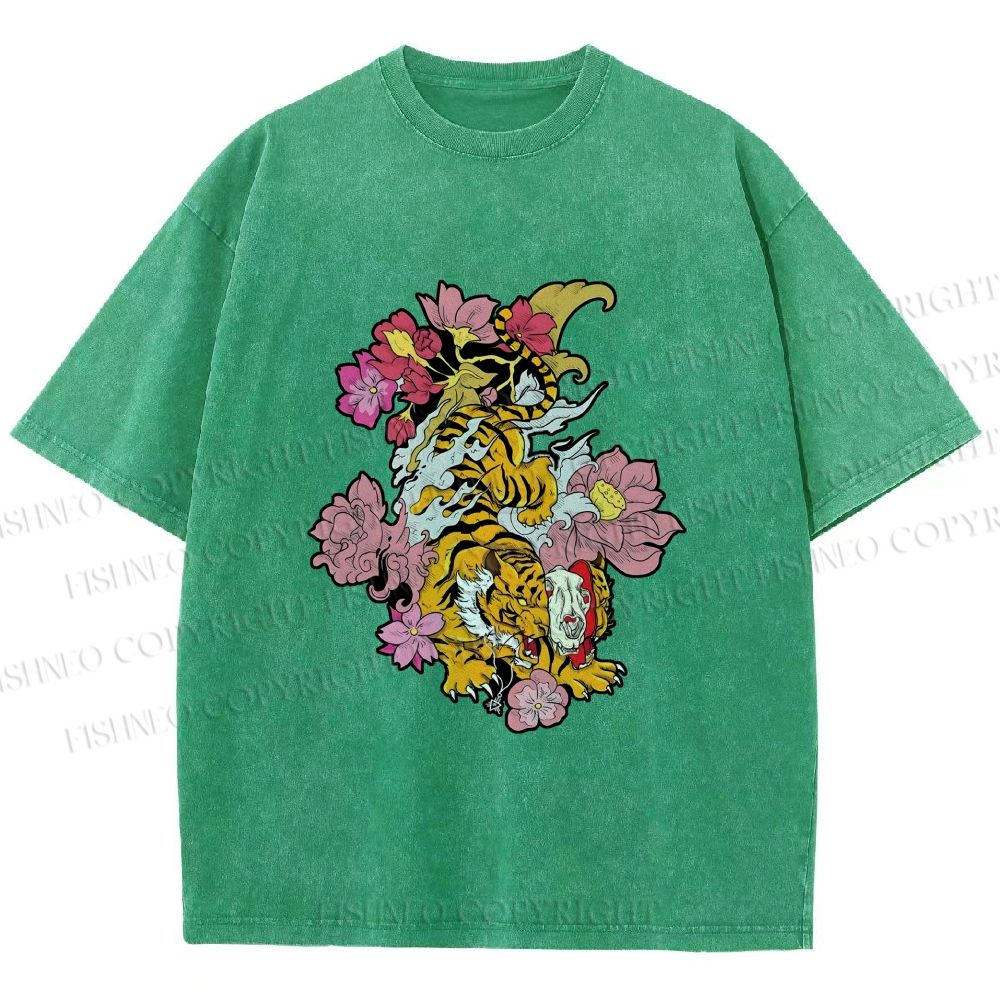 Unisex Vintage Ukiyo-e Tiger in Flowers Printed Washed Tee