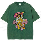 Unisex Vintage Ukiyo-e Tiger in Flowers Printed Washed Tee