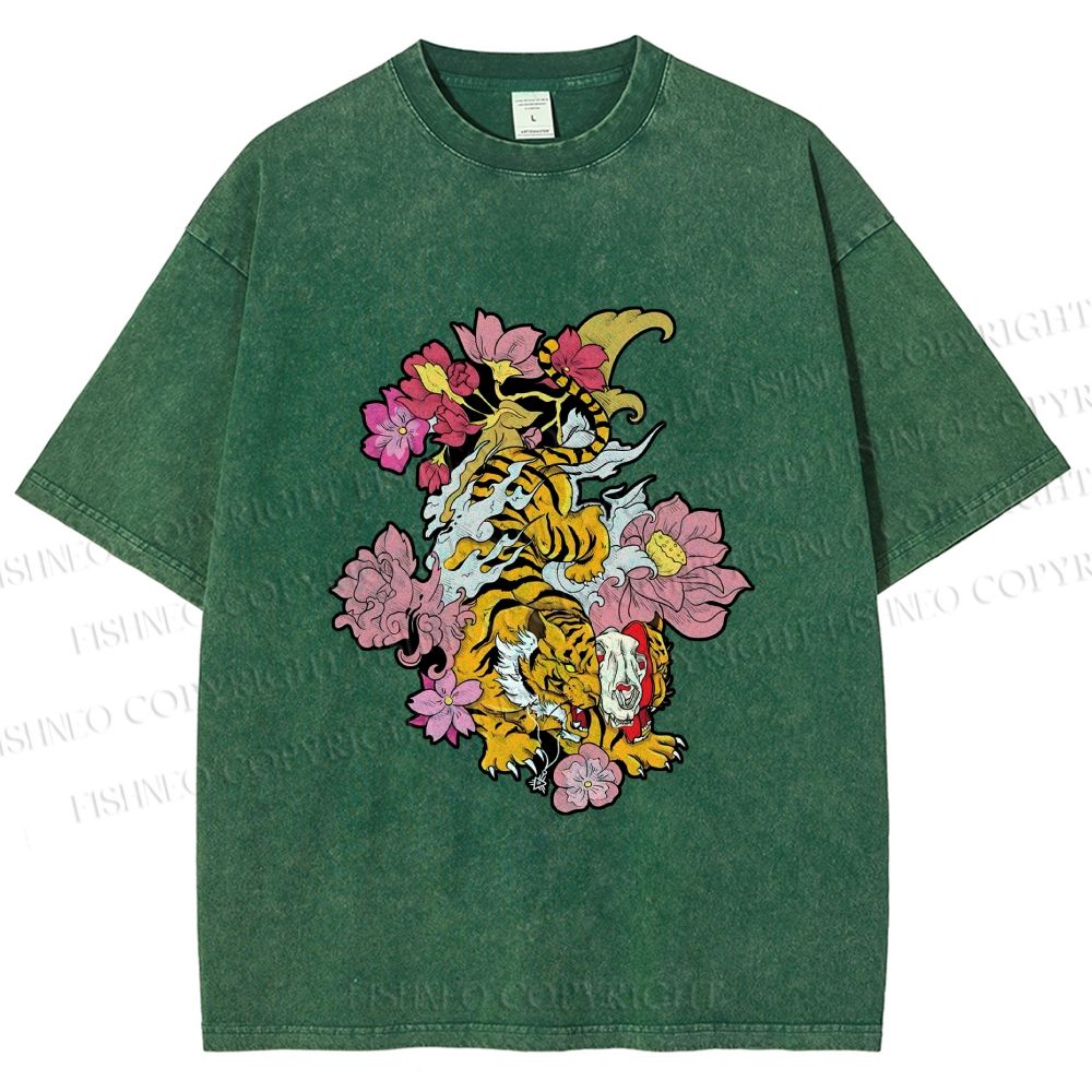 Unisex Vintage Ukiyo-e Tiger in Flowers Printed Washed Tee