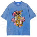 Unisex Vintage Ukiyo-e Tiger in Flowers Printed Washed Tee