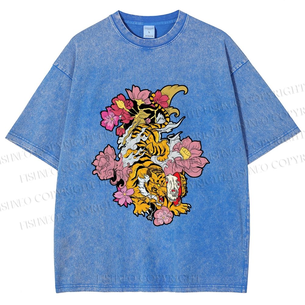 Unisex Vintage Ukiyo-e Tiger in Flowers Printed Washed Tee