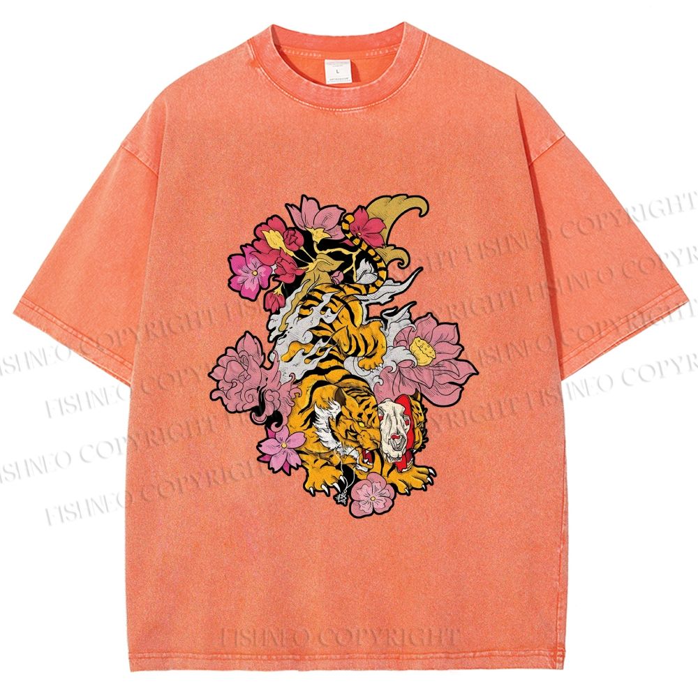 Unisex Vintage Ukiyo-e Tiger in Flowers Printed Washed Tee