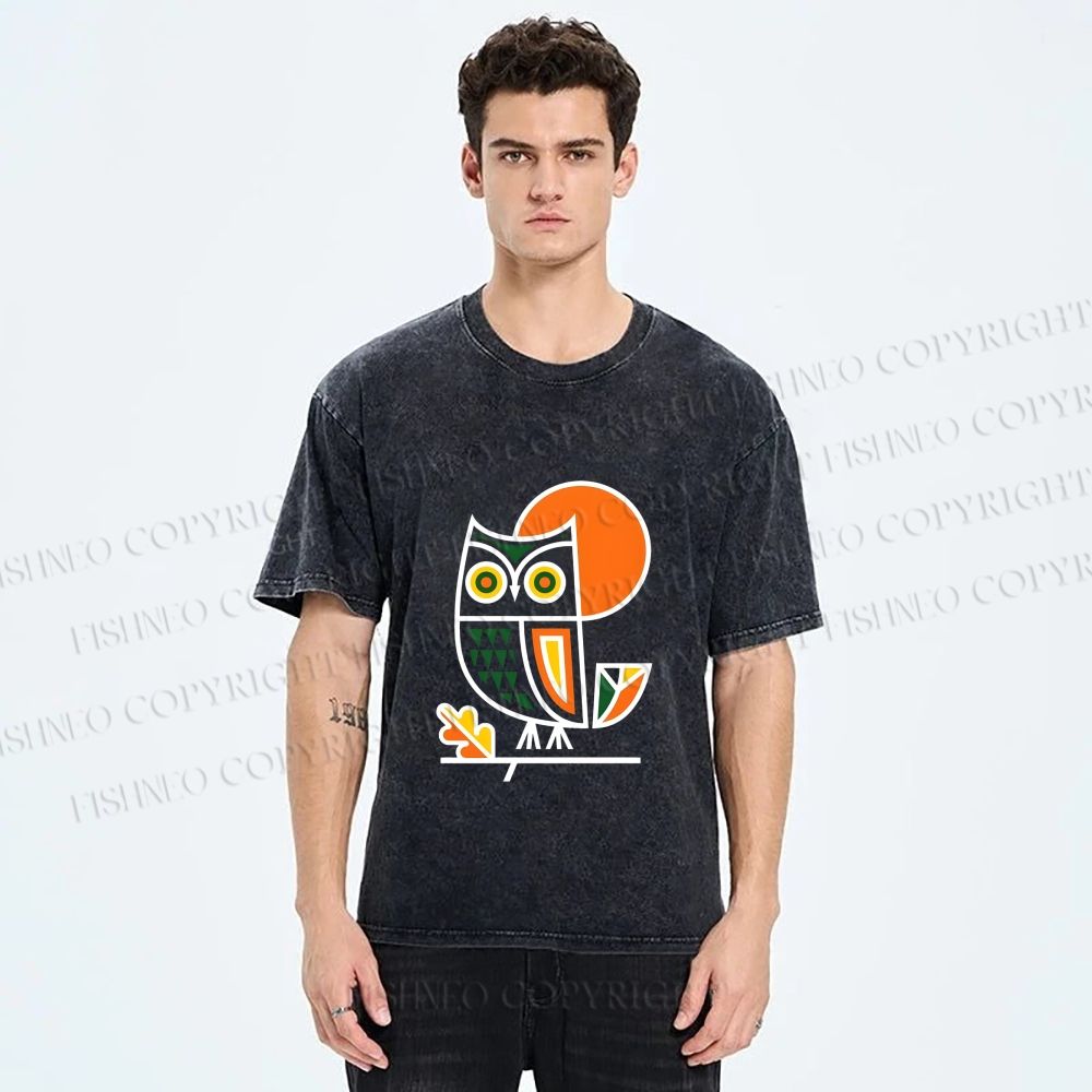 Unisex Geometric Owl Printed Washed Tee