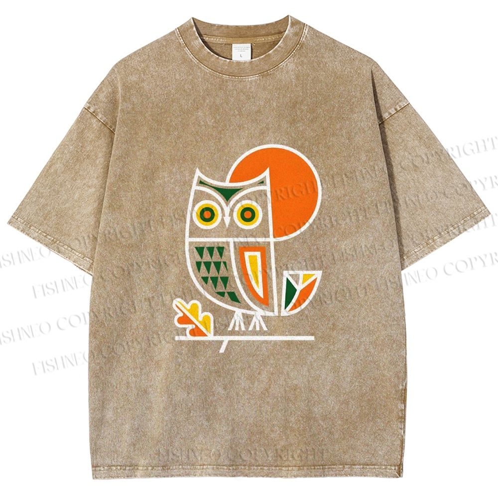 Unisex Geometric Owl Printed Washed Tee