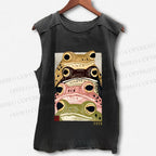 Unisex Whimsical Multi Colored Frog Art Printed Washed Tank Top