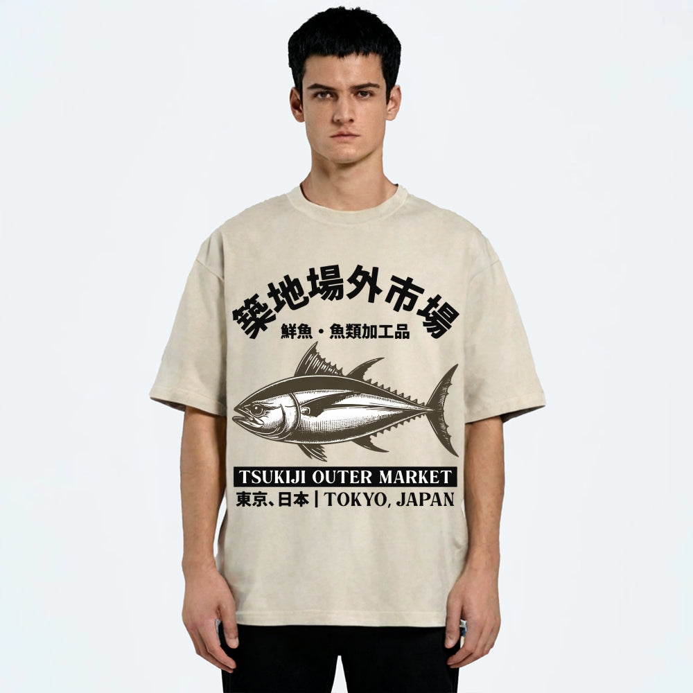 Tsukiji Market Tuna Fish Vintage Wash Japanese Design T-Shirt