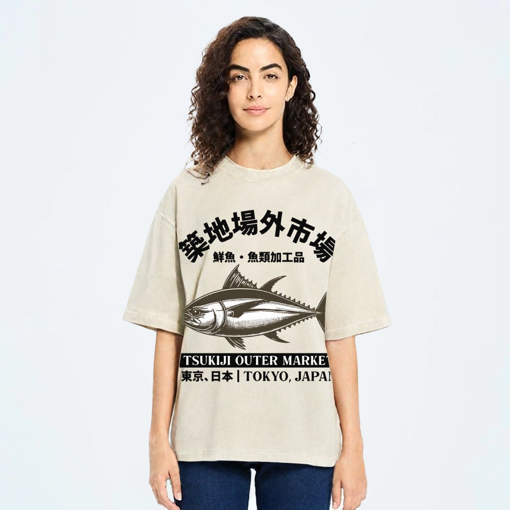 Tsukiji Market Tuna Fish Vintage Wash Japanese Design T-Shirt