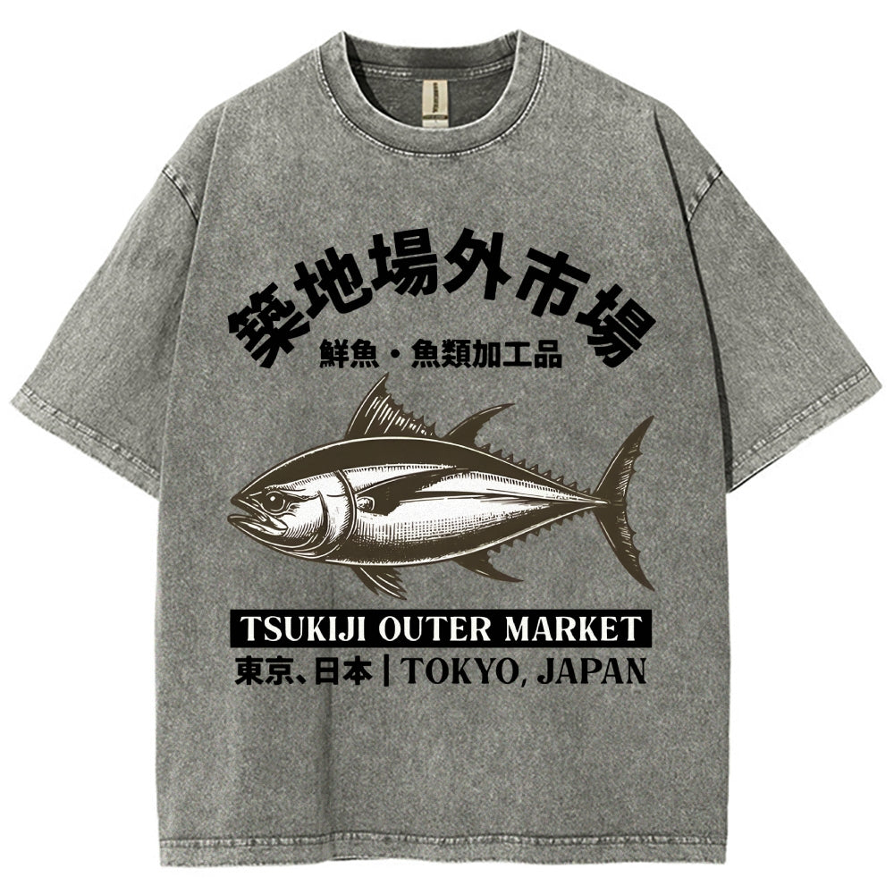 Tsukiji Market Tuna Fish Vintage Wash Japanese Design T-Shirt