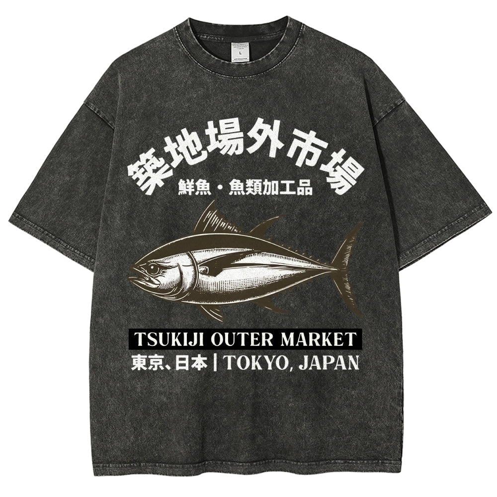 Tsukiji Market Tuna Fish Vintage Wash Japanese Design T-Shirt