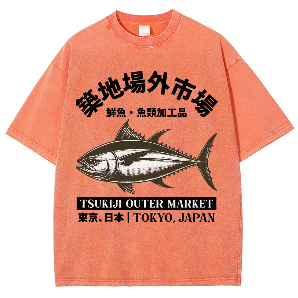 Tsukiji Market Tuna Fish Vintage Wash Japanese Design T-Shirt