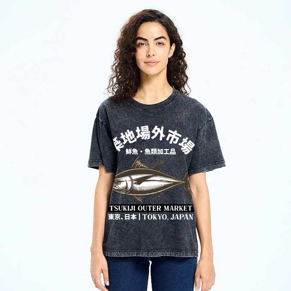 Tsukiji Market Tuna Fish Vintage Wash Japanese Design T-Shirt