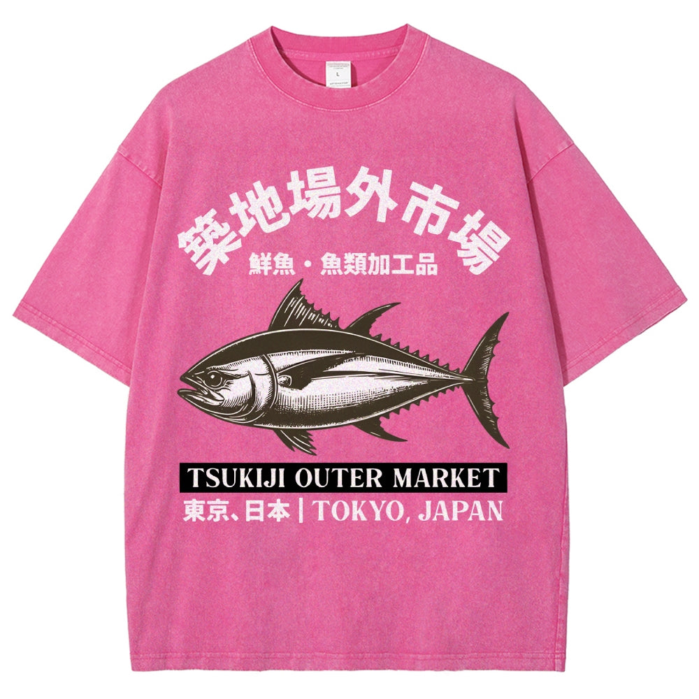 Tsukiji Market Tuna Fish Vintage Wash Japanese Design T-Shirt