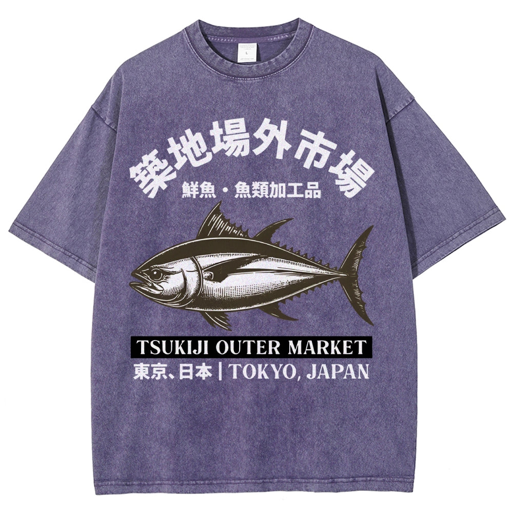Tsukiji Market Tuna Fish Vintage Wash Japanese Design T-Shirt