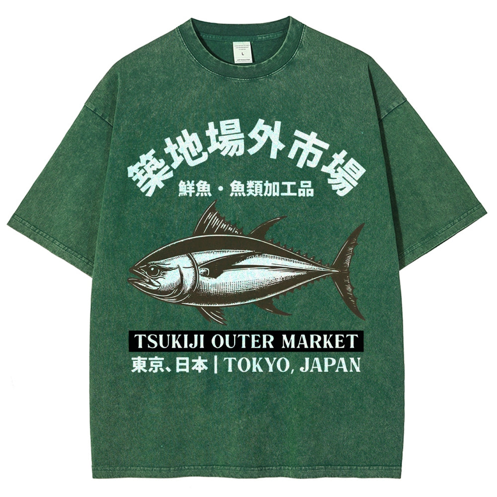Tsukiji Market Tuna Fish Vintage Wash Japanese Design T-Shirt
