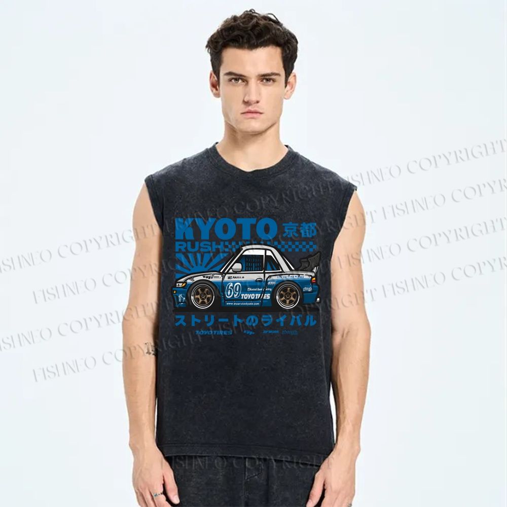 Unisex Japanese Car Printed Washed Tank Top