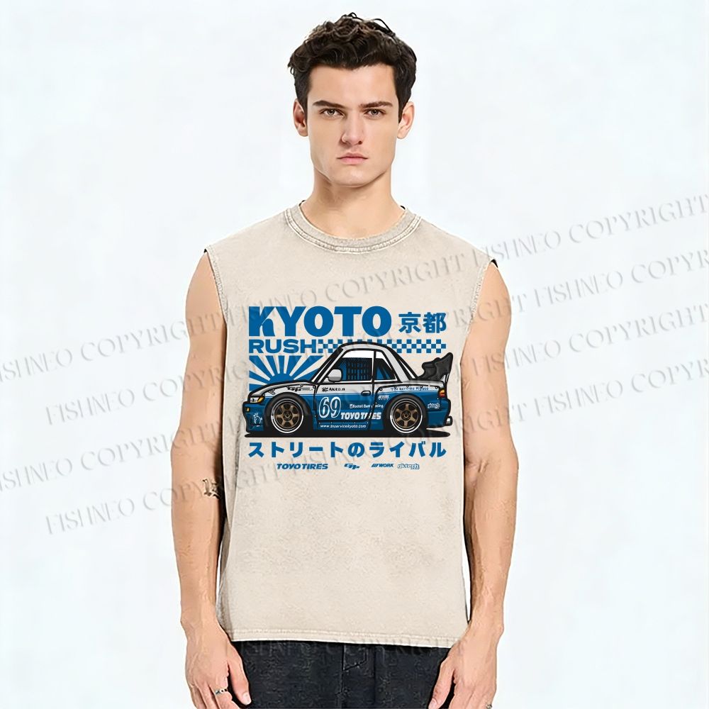 Unisex Japanese Car Printed Washed Tank Top