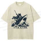 Unisex Samurai Cat Riding Shark Printed Washed Tee